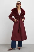 Kürk Yaka Kuşaklı Kaşe Kaban Bordo thumbnail 1