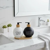 Lüks Tasarım Bambu Standlı 2'li Banyo Sabunluk Seti - Siyah & Beyaz thumbnail 2