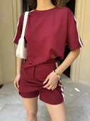 Osy odal Yumuşak Dokulu Kumaş Parçalı Bisiklet Yaka Tshirt ini Şortlu Etek İkili Takım Bordo thumbnail 2