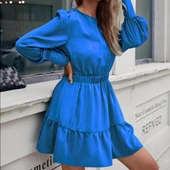 Kadın Uzun Kollu Bisiklet Yaka Beli Lastikli Fırfırlı Ithal Krep Elbise thumbnail 2