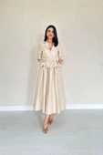 Bej İnce Kemerli Fırfırlı Ceket Ve Büzgülü Etek Takım thumbnail 2