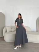 Kısa Kollu Önden Fermuarlı Çan Etekli Uzun Elbise  Antrasit thumbnail 1