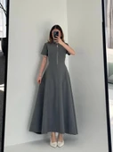 Kısa Kollu Önden Fermuarlı Çan Etekli Uzun Elbise  Antrasit thumbnail 3
