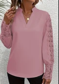 Lucky Life Kadın Uzun Kollu Hakim Yaka Kolları Dantel Detaylı Ithal Krep Bluz thumbnail 4