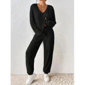 Lucky Life Kadın Uzun Kollu V Yakalı Kaşkorse Bluz Ve Pantolon Ikili Takım thumbnail 3