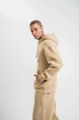Unisex Double Oversize Kapşonlu Basic weathirt  Bej thumbnail 2