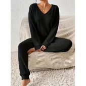 Lucky Life Kadın Uzun Kollu V Yakalı Kaşkorse Bluz Ve Pantolon Ikili Takım thumbnail 2