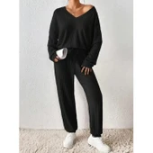 Lucky Life Kadın Uzun Kollu V Yakalı Kaşkorse Bluz Ve Pantolon Ikili Takım thumbnail 1