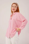Cep Detay Çizgili Oversize Pembe Gömlek thumbnail 3