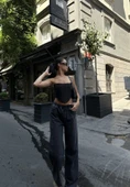 Arkadan Yırtmaçlı Jeans Kot Palazzo Pantolon  iyah thumbnail 3