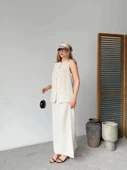 Keten Kolsuz Hırka Etek Ikili Takım Beyaz thumbnail 1