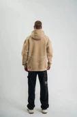Double Oversize Kapşonlu Şimşek Pano Baskılı weathirt  Bej thumbnail 3