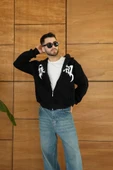 Erkek Kapüşonlu weatshirt  Hoodie 3 İplik Şardonlu Pamuklu Kumaş, Önü Baskılı, Fermuarlı Rahat Kalıp, Kışlık Ve okak til thumbnail 1