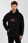 Erkek Baskılı Üç İplik Kapüşonlu Oversize weatshirt  iyah thumbnail 2