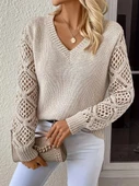 Kadın Uzun Kollu V Yaka Kol Delikli Baklava Desen Detaylı Triko Kazak thumbnail 1
