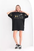 Unisex Bisiklet Yaka Baskılı Oversize Thirt  iyah thumbnail 1