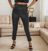 Kadın Yüksek Bel Yanlardan Incili Yırtmaçlı Uzun Deri Tayt thumbnail 7