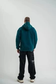 Unisex Uzun Kol Kapşonlu Yıkamalı Nakışlı weathirt  Koyu Deniz Yeşili thumbnail 4