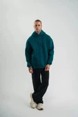Unisex Uzun Kol Kapşonlu Yıkamalı Nakışlı weathirt  Koyu Deniz Yeşili thumbnail 1