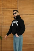 Erkek Kapüşonlu weatshirt  Hoodie 3 İplik Şardonlu Pamuklu Kumaş, Önü Baskılı, Fermuarlı Rahat Kalıp, Kışlık Ve okak til thumbnail 4