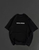 Unisex Bisiklet Yaka Baskılı Oversize Thirt  iyah thumbnail 1