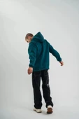 Unisex Uzun Kol Kapşonlu Yıkamalı Nakışlı weathirt  Koyu Deniz Yeşili thumbnail 3