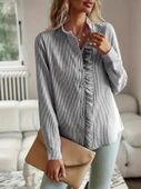 Kadın Uzun Kollu Fırfır Yakalı önden Düğmeli çizgili Burgu Gömlek thumbnail 3