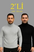 Erkek Fitilli Triko Kazak 2li et Gri iyah Regular Balıkcı Yaka Tam Boğazlı Triko eti odeli Kazak thumbnail 1