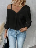 Kadın Tek Omuzdan Açık Askılı Uzun Kollu Yakalı önden Düğmeli Gömlek thumbnail 3