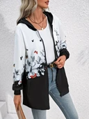 Kadın Uzun Kollu Kapşonlu Fermuarlı çiçekkelebek Desenli şardonlu Dalgıç Ceket thumbnail 1