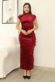 Çiçek Broşlu Fırfır Detaylı Kadife Abiye Elbise 6062-Bordo thumbnail 2