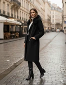 Kürklü Kaşe Kadın Kışlık Siyah Kaban thumbnail 2