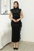 Çiçek Broşlu Fırfır Detaylı Kadife Abiye Elbise 6062-Siyah thumbnail 2
