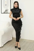 Çiçek Broşlu Fırfır Detaylı Kadife Abiye Elbise 6062-Siyah thumbnail 6