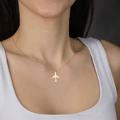 14 Ayar Altın Plakalı Uçak Figürlü Yıl Dönümü Hediyesine Özel Altın Kolye-828 thumbnail 2