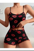 Kadın Siyah Dudak Desenli Şortlu Pijama Takımı 5057 thumbnail 2
