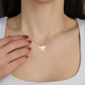 14 Ayar Altın Plakalı Yaprak Temalı Kuş Figürlü Sevgililer Günü Hediyesine Özel Altın Kolye-834 thumbnail 2