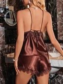 Kadın Kahverengi Askılı Dantel saten Üst Pijama Takımı 2228 thumbnail 2