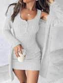 Kadın Askılı Yuvarlak Yakalı önü Düğmeli şardonlu Kaşkorse Mini Elbise Ve Kısa Ceket thumbnail 1