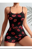 Kadın Siyah Dudak Desenli Şortlu Pijama Takımı 5057 thumbnail 1