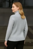 Balıkcı Yaka Bağazlı Triko Kazak Pamuklu Kalın Fitilli Dokuma - Gri thumbnail 2