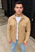Erkek Diagonal Kumaş Cepli Çıtçıtlı Uzun Kollu, Gömlek Oversize Rahat Kalıp Günlük Şık Stil - Bej thumbnail 1