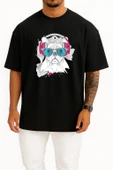 Oversize Funny Dog With Eyeglasses And Headphones Göğüs Tasarımlı Unisex T-Shirt thumbnail 9