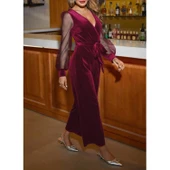 Lucky Life Kadın Uzun Kollu Kruvaze Yakalı Belden Kuşaklı Tül Detaylı Kadife Tulum thumbnail 5