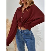 Lucky Life Kadın Uzun Kollu Yakalı Düğmeli Salaş Waffle Bluz thumbnail 1