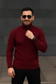 Erkek Balıkcı Yaka Bağazlı Triko Kazak Pamuklu Kalın Fitilli Dokuma, Regular Fit Uzun Kollu Kışlık Model - Bordo thumbnail 1