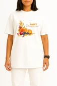 Oversize Mutlu Şükran Günü Meyveler Thanksgiving Göğüs Tasarımlı Unisex T-Shirt thumbnail 5