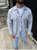 Erkek Diagonal Kumaş Cepli Çıtçıtlı Uzun Kollu, Gömlek Oversize Rahat Kalıp Günlük Şık Stil - Gri thumbnail 2