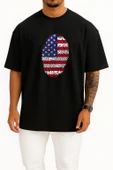 Oversize Amerika Birleşik Devletleri Parmak İzi Bayrak Göğüs Tasarımlı Unisex T-Shirt thumbnail 9