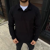 Erkek Fitilli Polar Sweatshirt – Düğmesiz Polo Yaka, Oversize Rahat Kalıp, Kalın Polar Kumaş, Kışlık Ve Baharlık Şık Günlük Üst - Siyah thumbnail 2